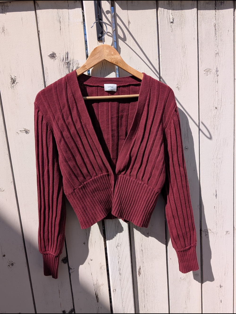 Wilfred Deep Plunge Pleated  Cropped Cardigan Berry Large Merino Wool Cotton